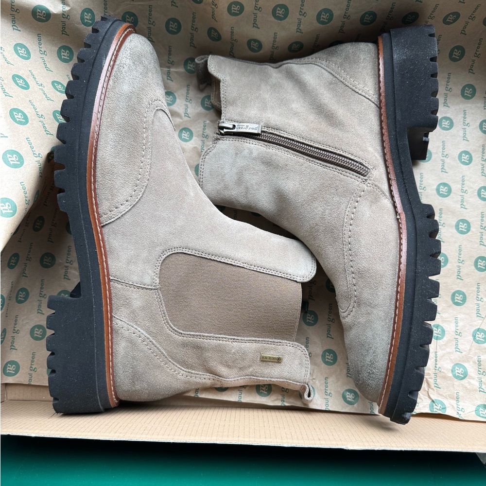 Tan suede leather boots. Women’s US sizes. Gore-Tex water-repellent